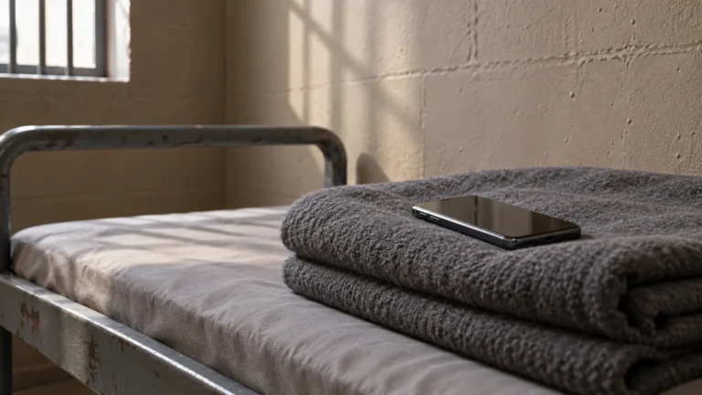 Téléphone portable posé sur une couverture dans une cellule de prison