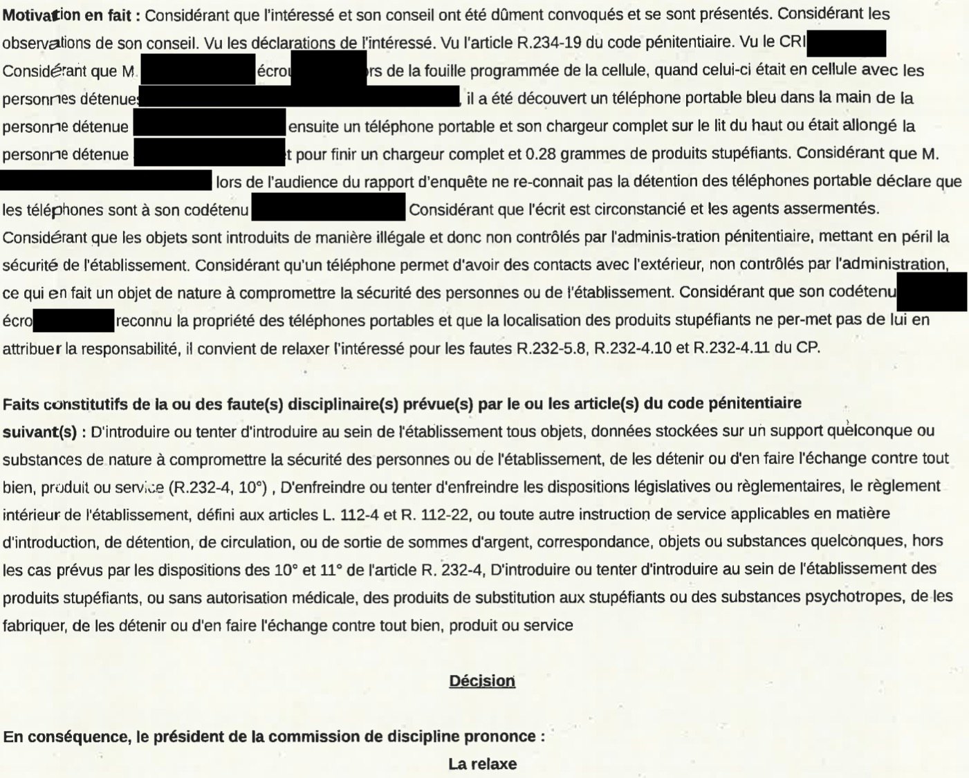 Décision de relaxe de la commission de discipline, extrait anonymisé