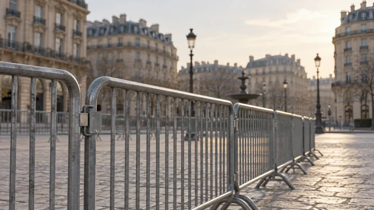 Barrières de sécurité délimitant un périmètre sur une place parisienne