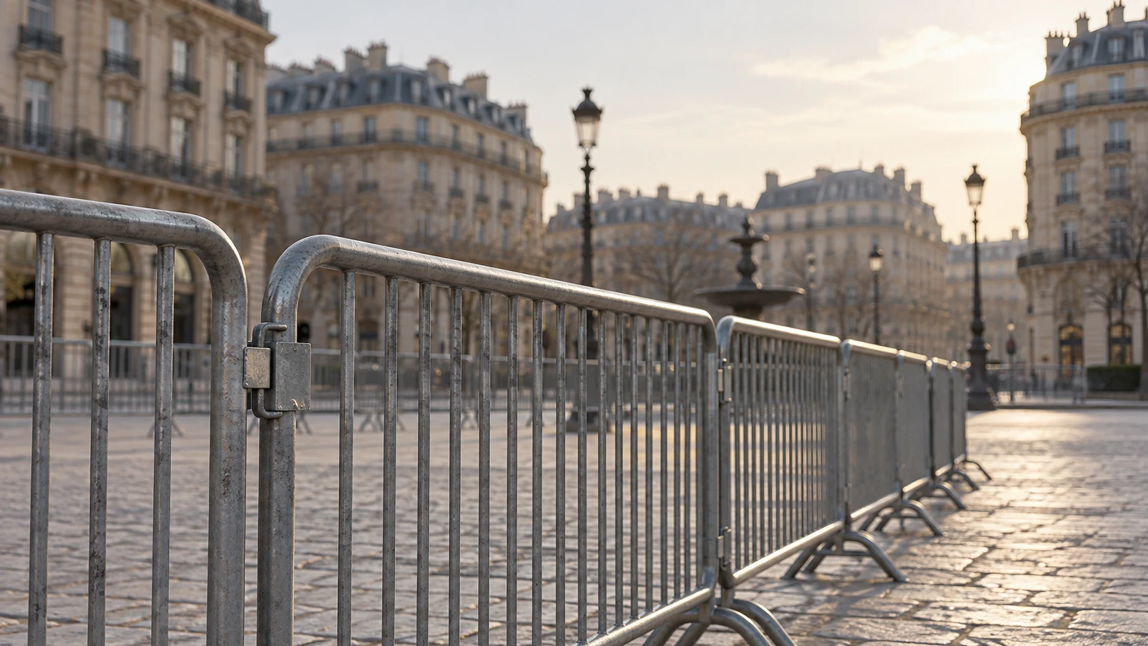 Barrières de sécurité délimitant un périmètre sur une place parisienne